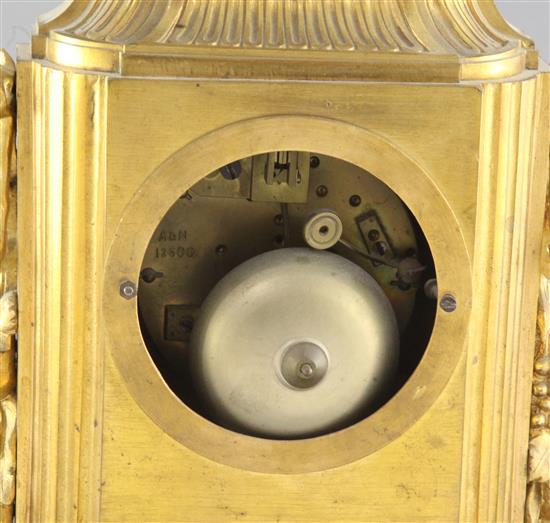 A third quarter of the 19th century French porcelain mounted ormolu mantel clock, height 14.5in.